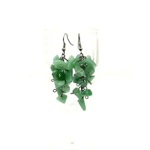 Natural Green Quartz Cluster Earrings Silver Tone Metal Hook Style Jewelry Boho - Picture 7 of 9